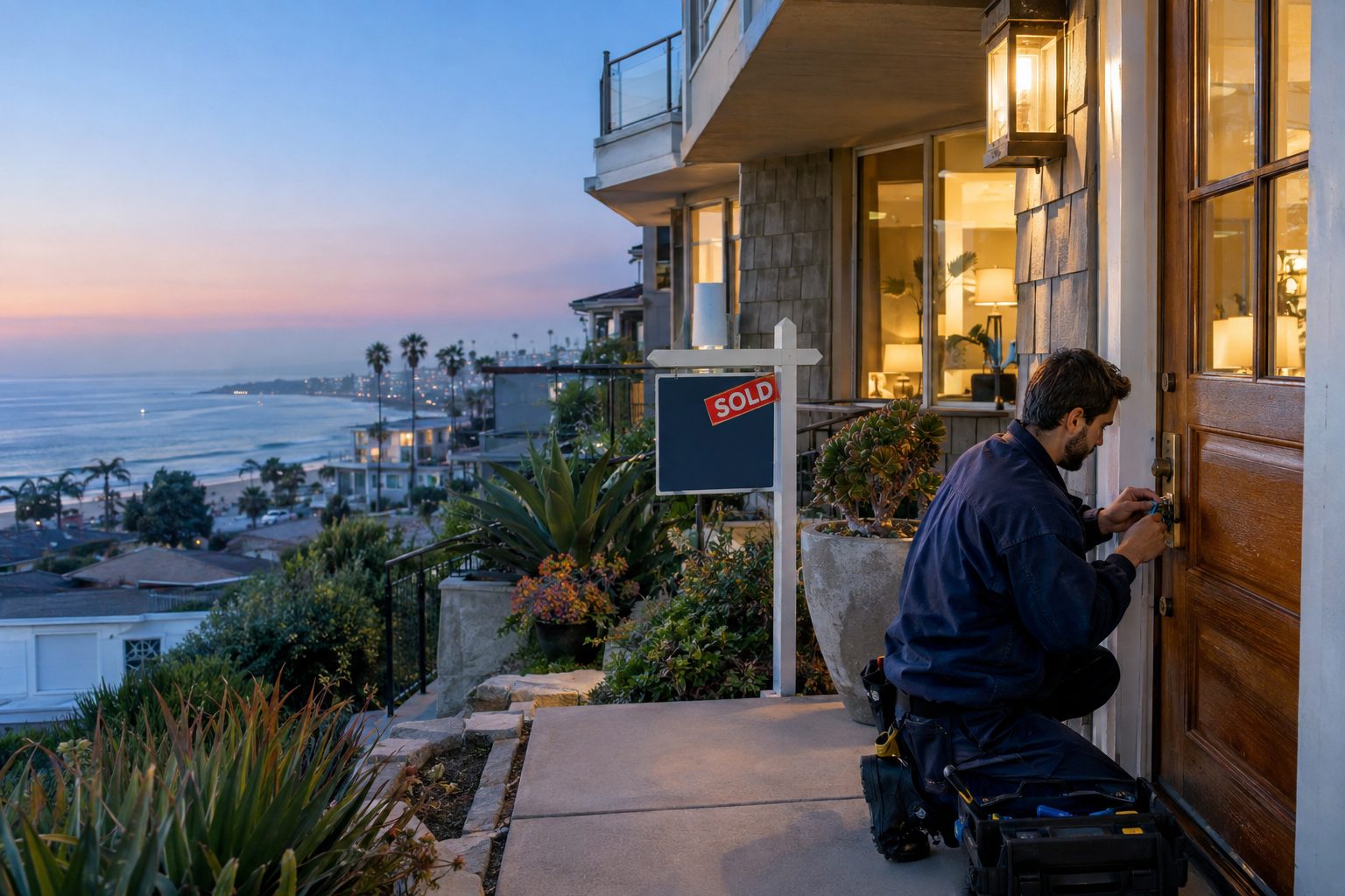 A locksmith changing locks on a front door of a newly sold home with a sold sign nearby at a Redondo Beach coastal townhouse with salt-weathered hardware in Redondo Beach, CA